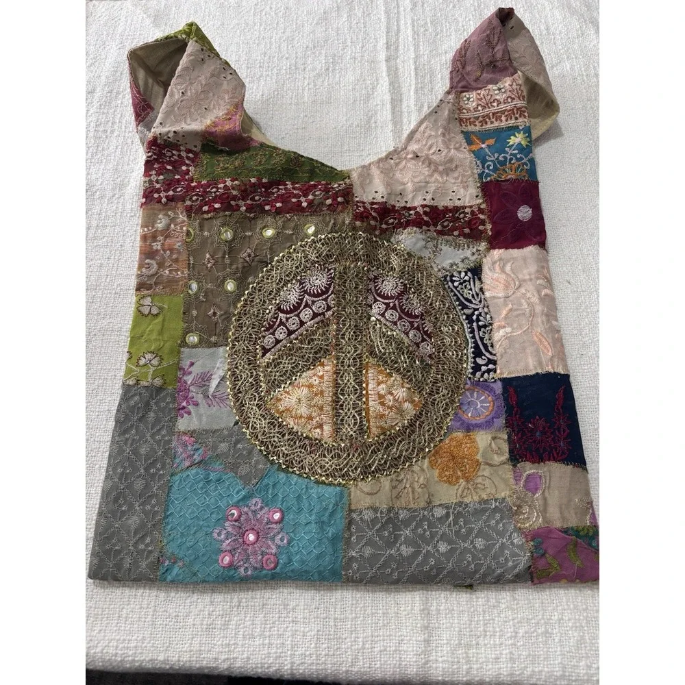 Bohemian Embroidered Multicolor Sling Bag Beaded Peace Sign Festival Concert